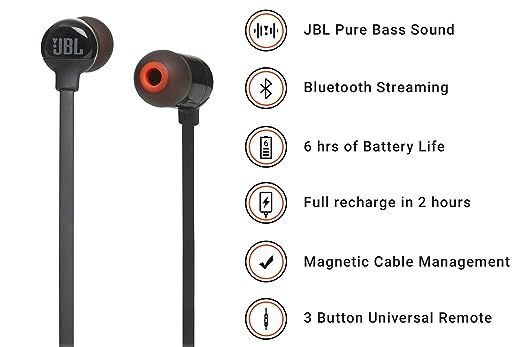 JBL T160BT by Harman Wireless in Ear Neckband Headphones with Mic (Black) JBL T160BT by Harman Wireless in Ear Neckband Headphones with Mic (Black)